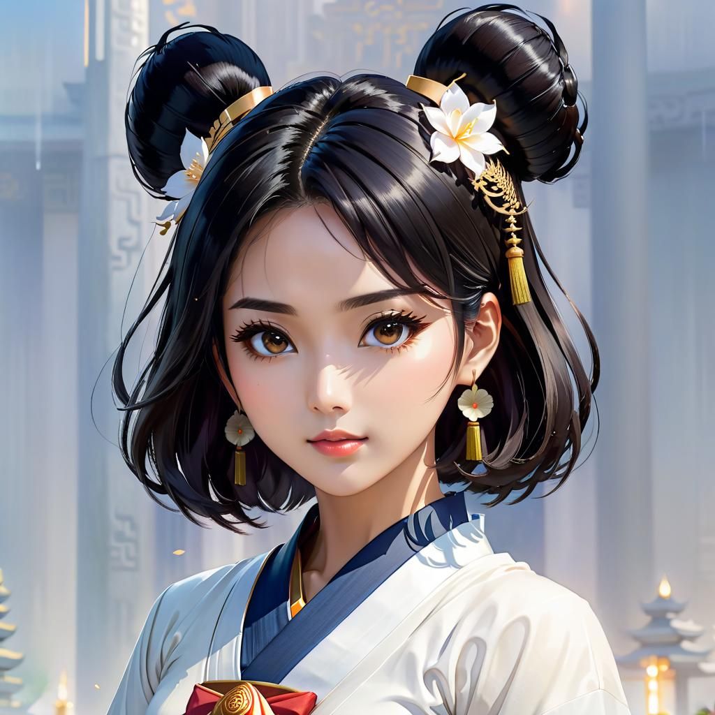 Anime Thai Woman at Temple in Watercolor Style