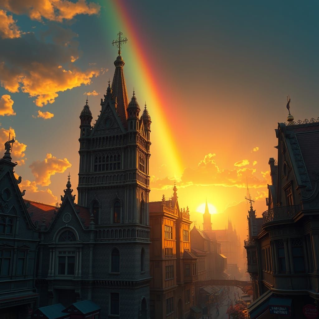 Rainbow Over Ornate City Buildings at Sunset