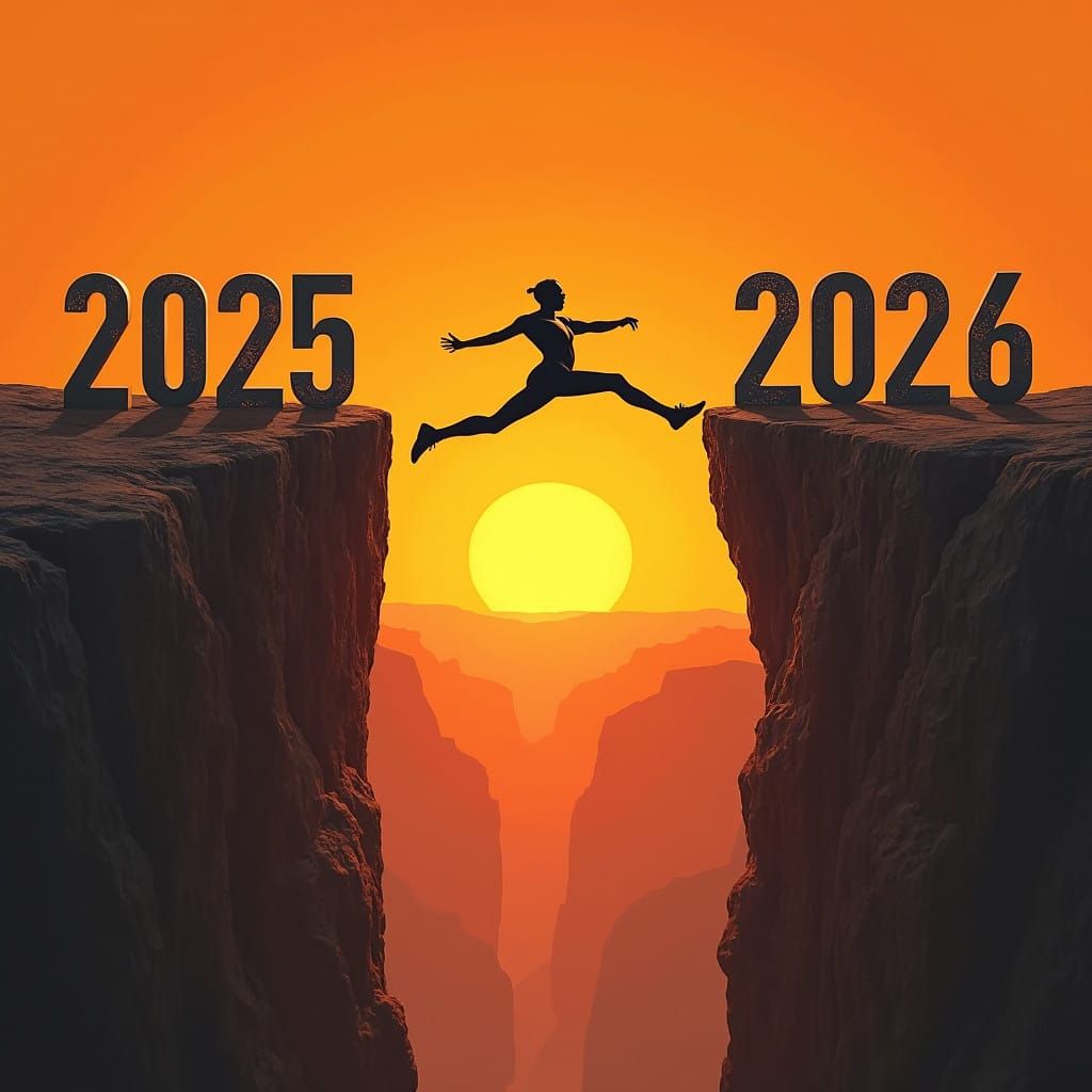 Heroic Leap Between Futuristic Cliffs at Sunset