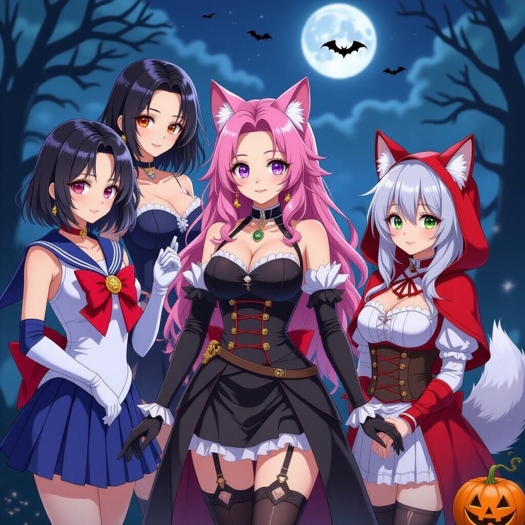 Anime Halloween Party With Five Women Celebrating