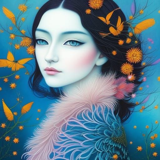 Fairytale Girl Portrait with Birds and Flowers