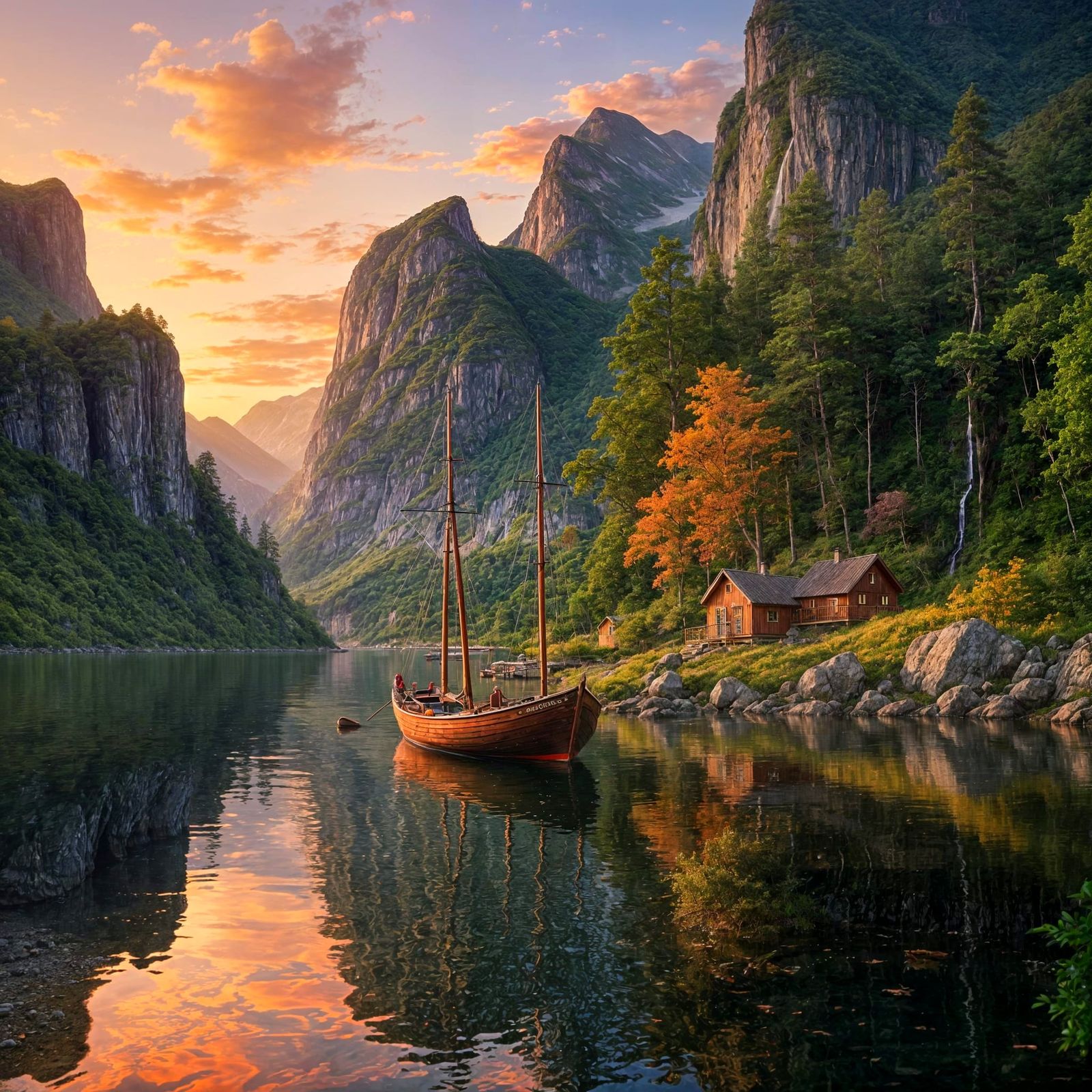 Vibrant Norwegian Fjord Sunset in Hyper Realistic Style