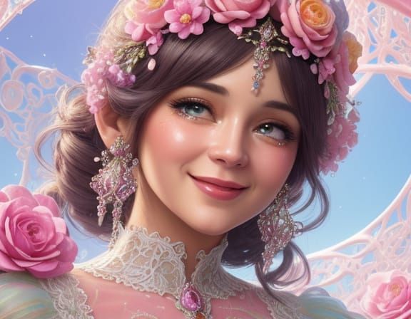 Grotesque Creature in Pastel Flower Web - Art Nouveau Style