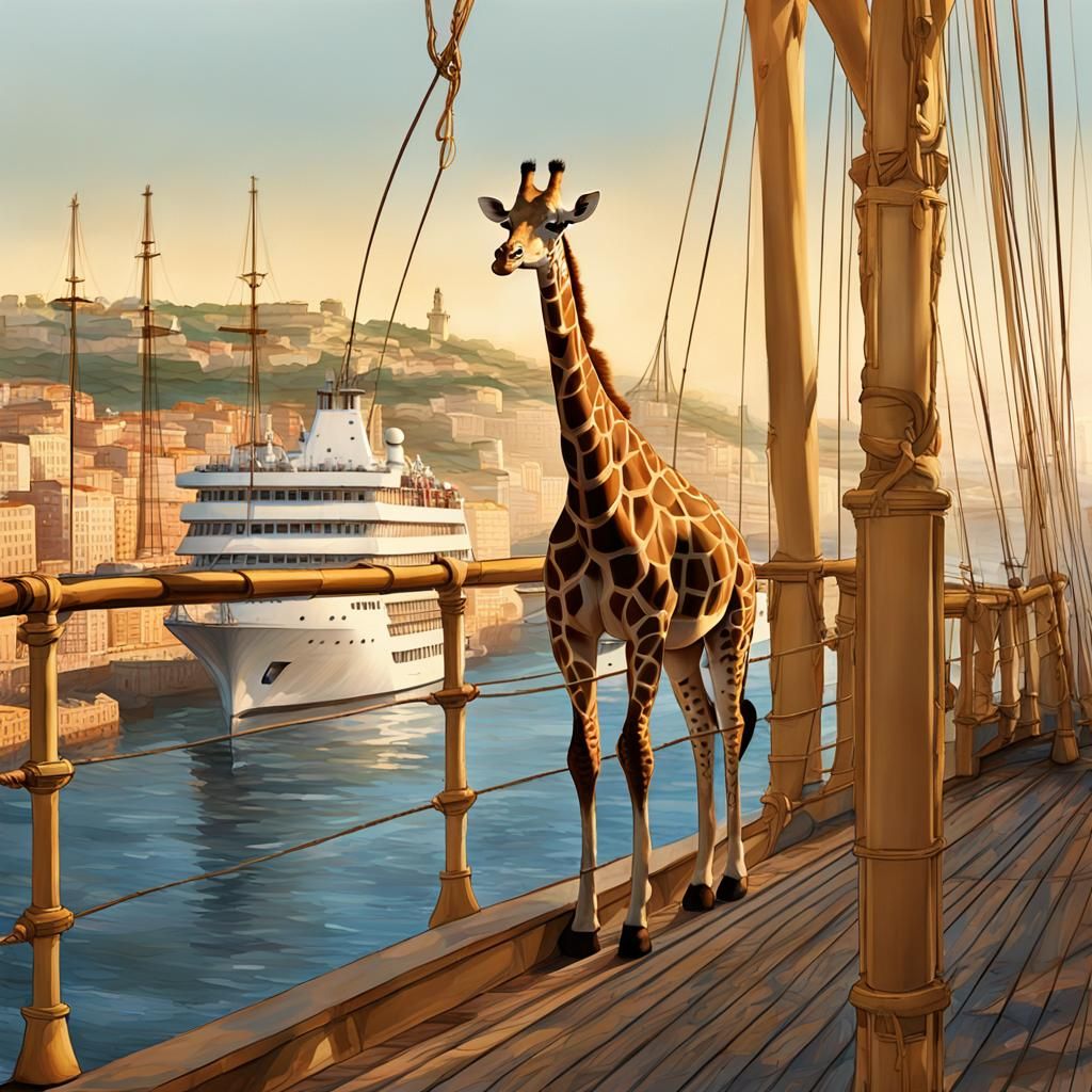 a giraffe arrives aboard a brig with its long neck protrudin...