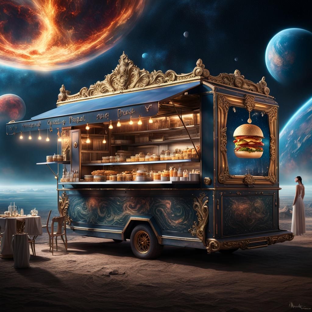 a grandiose royal food truck, gracefully suspended in the boundless depths of space