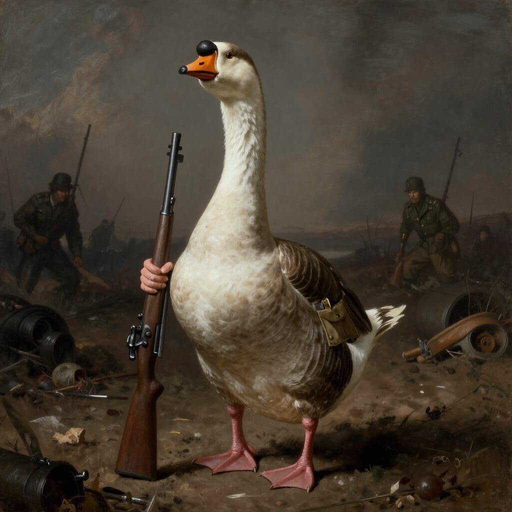 Realistic Goose Soldier Holding Rifle in Goya Style