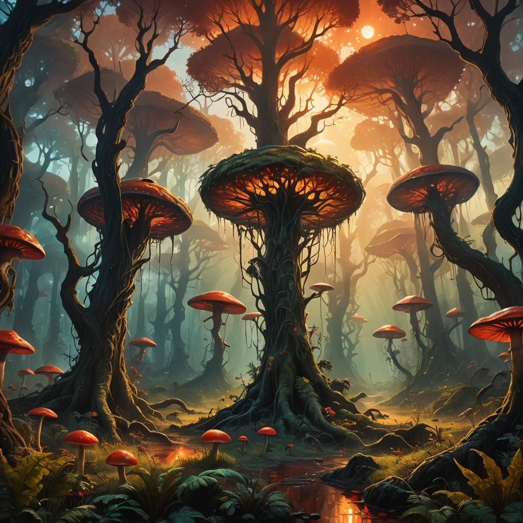 Surreal Alien Jungle Under Red Giant Sun