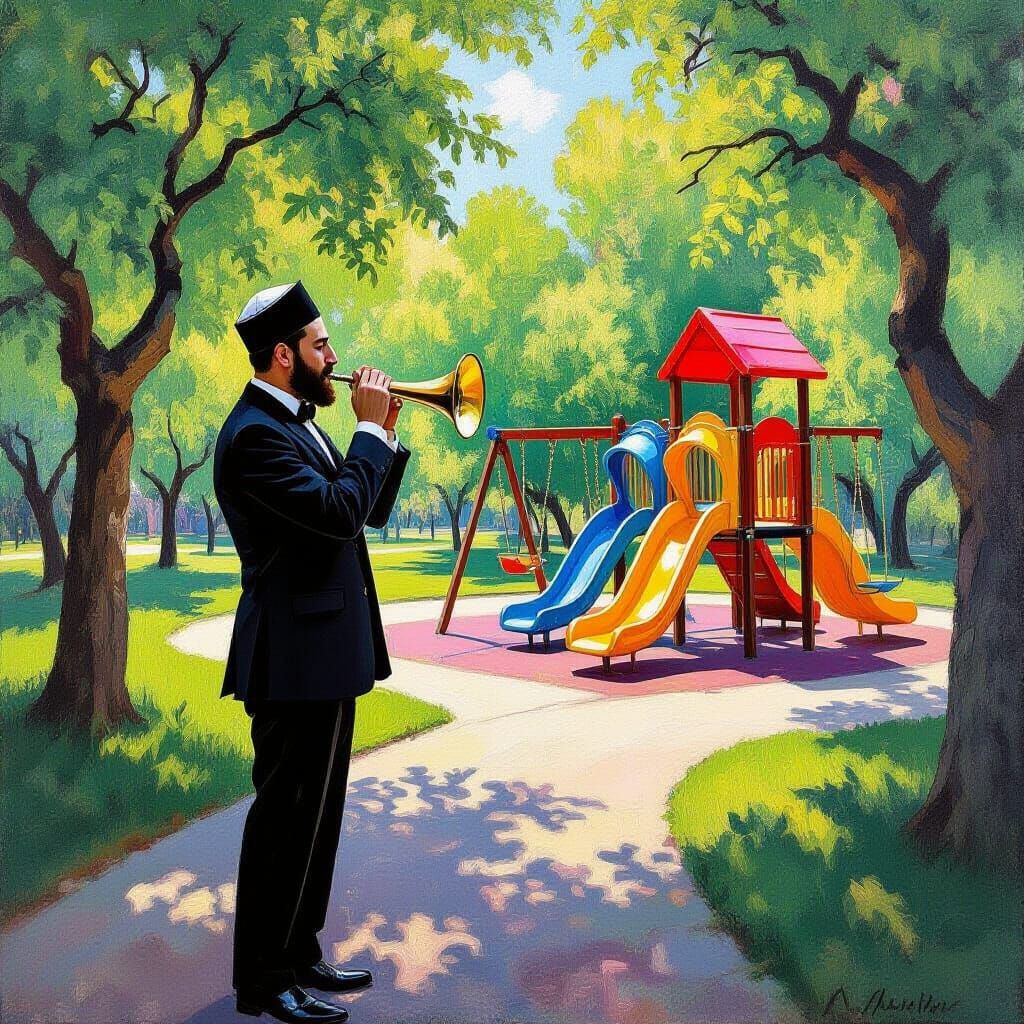 Man Blowing Shofar in Park, Chagall-esque Painting