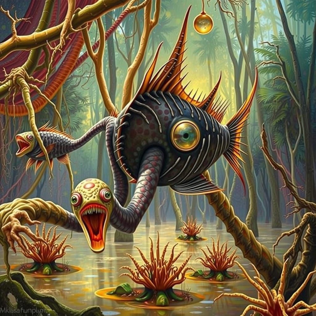 Mystical Mangrove Forest Scene with a Brolga in Ethereal Lig...