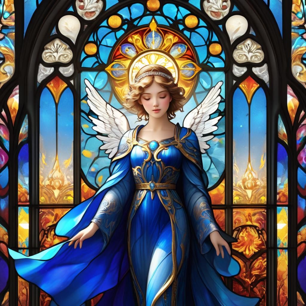 Stained Glass Cherub with Art Deco Elements