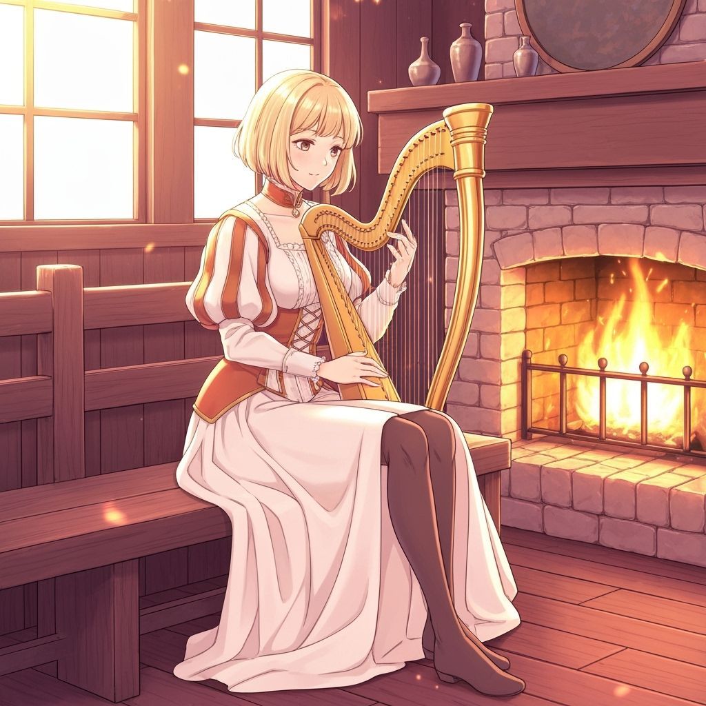 Renaissance Woman with Harp in Anime Style