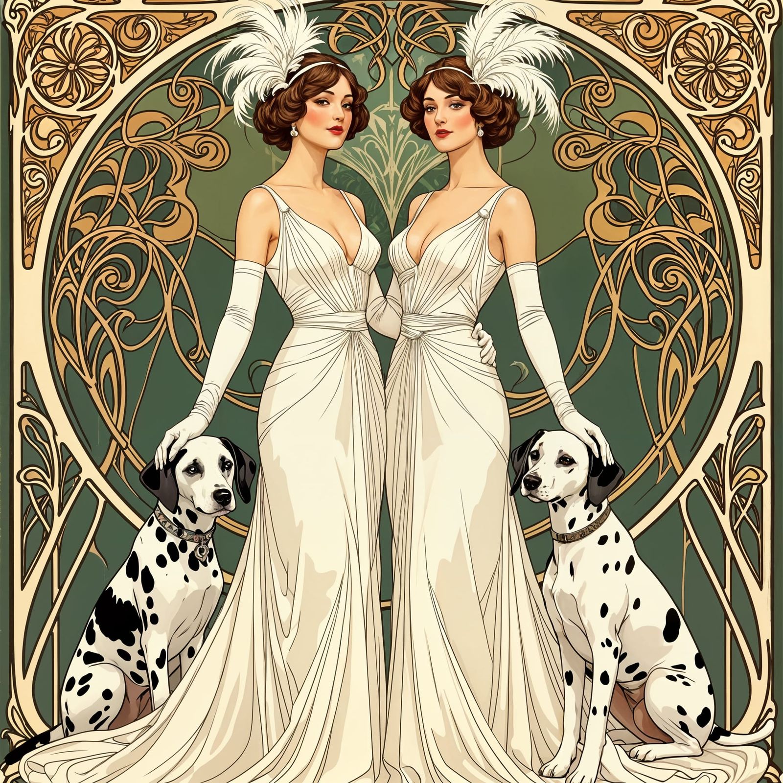 Two Women in Formal Gowns with Dalmatians in Art Nouveau Sty...