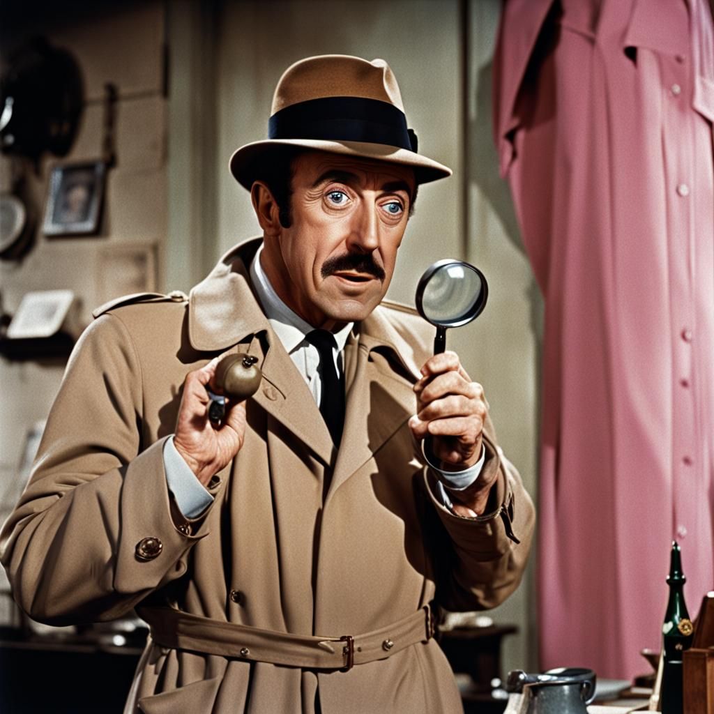 Peter Sellers as Inspector Clouseau in a Pink Panther film. He is wearing a trench coat and looking at a clue with a lar...