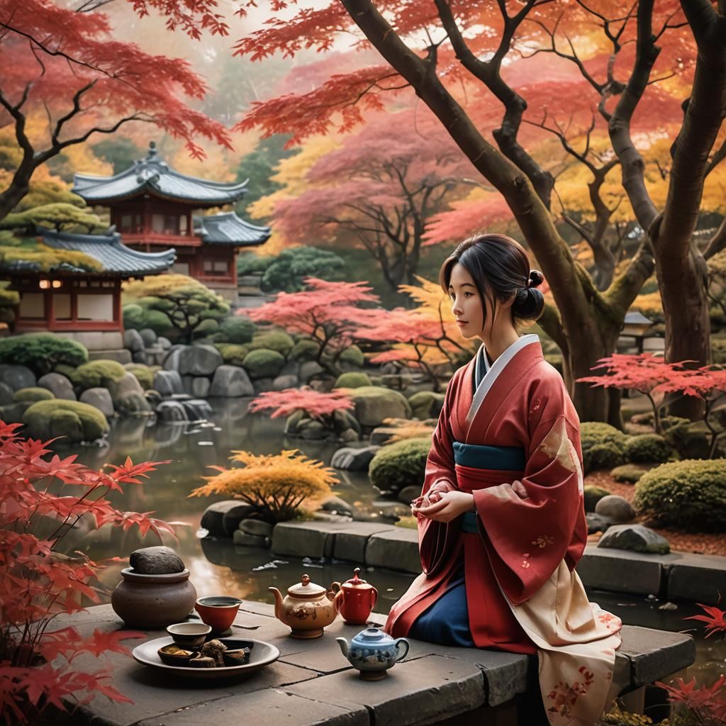 Serene Japanese Garden in Autumn Watercolor Style
