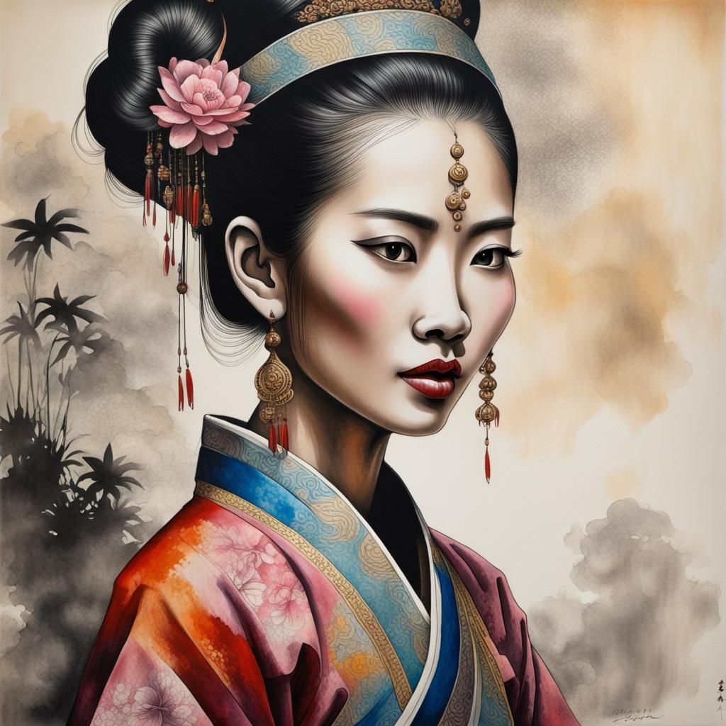 Thai Woman Portrait in Chinese Ink Painting Style