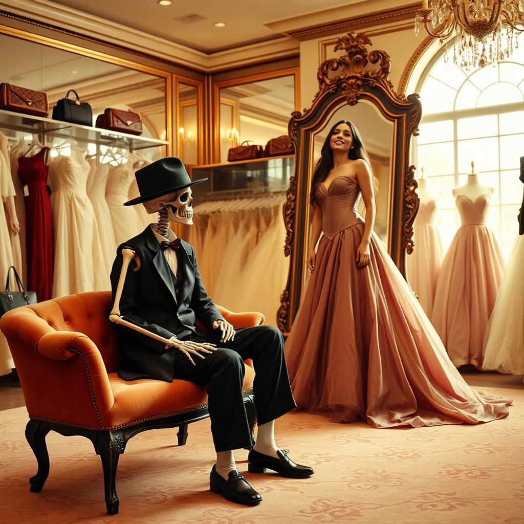 Skeletal Figure in Dress Shop, Cinematic Film Still