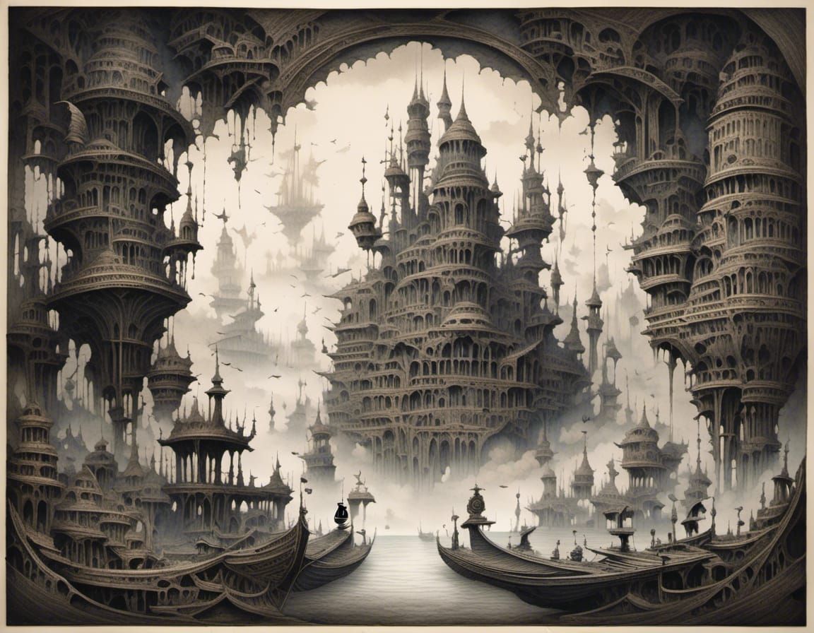 Steampunk City in Fog with Branching Bridges