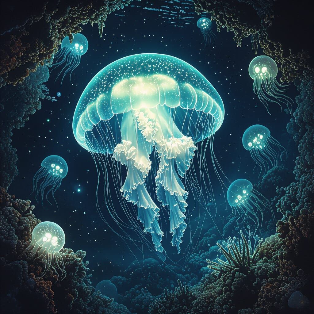 Bioluminescent Jellyfish Drifting in Deep-Sea Trench