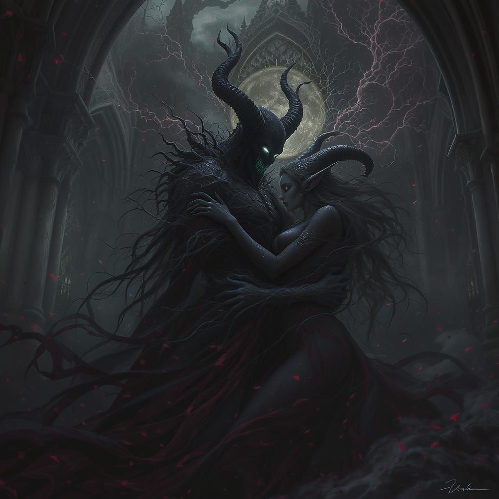 Darkness Embraces Demon Witch in Gothic Setting