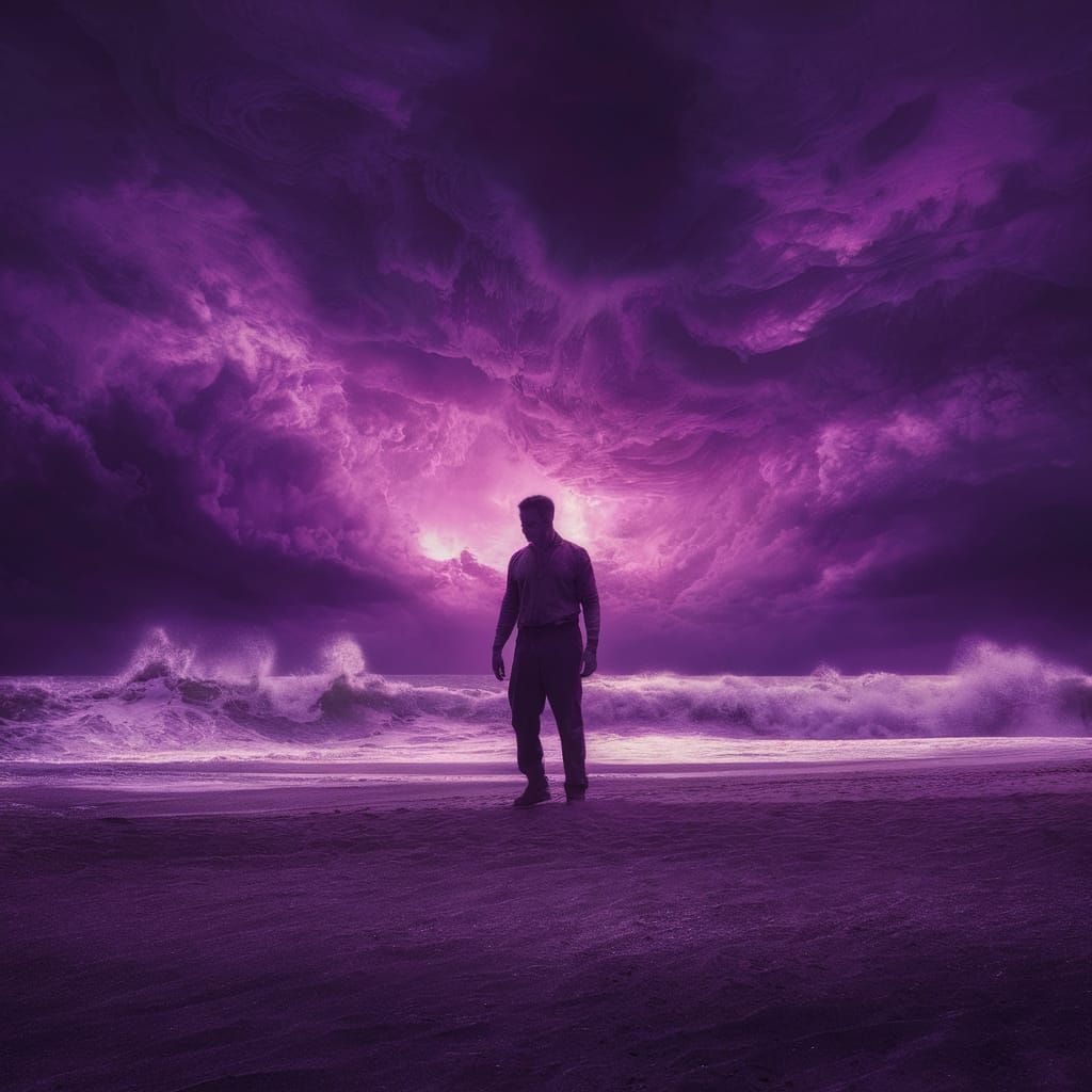 Man standing alone on a beach with a purple sunset behind hi...