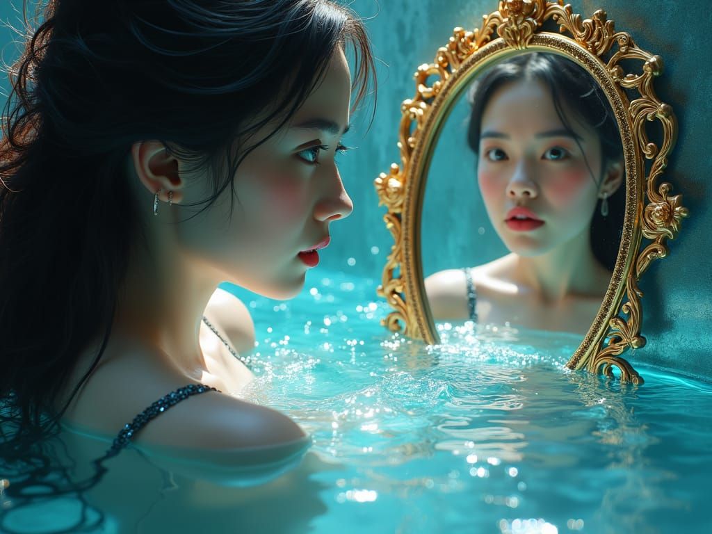 Woman Gazing into Liquid Mirror in Art Deco Style