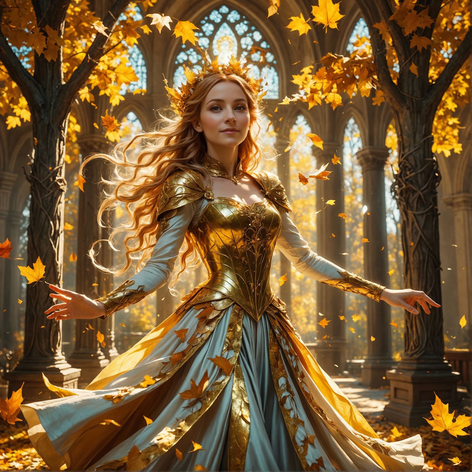 Ethereal Fairy Queen Dancing in Autumnal Tree Church
