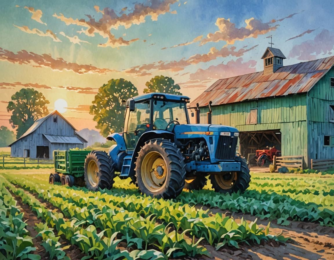 Farm at Sunrise: Gouache Impressionist Masterpiece