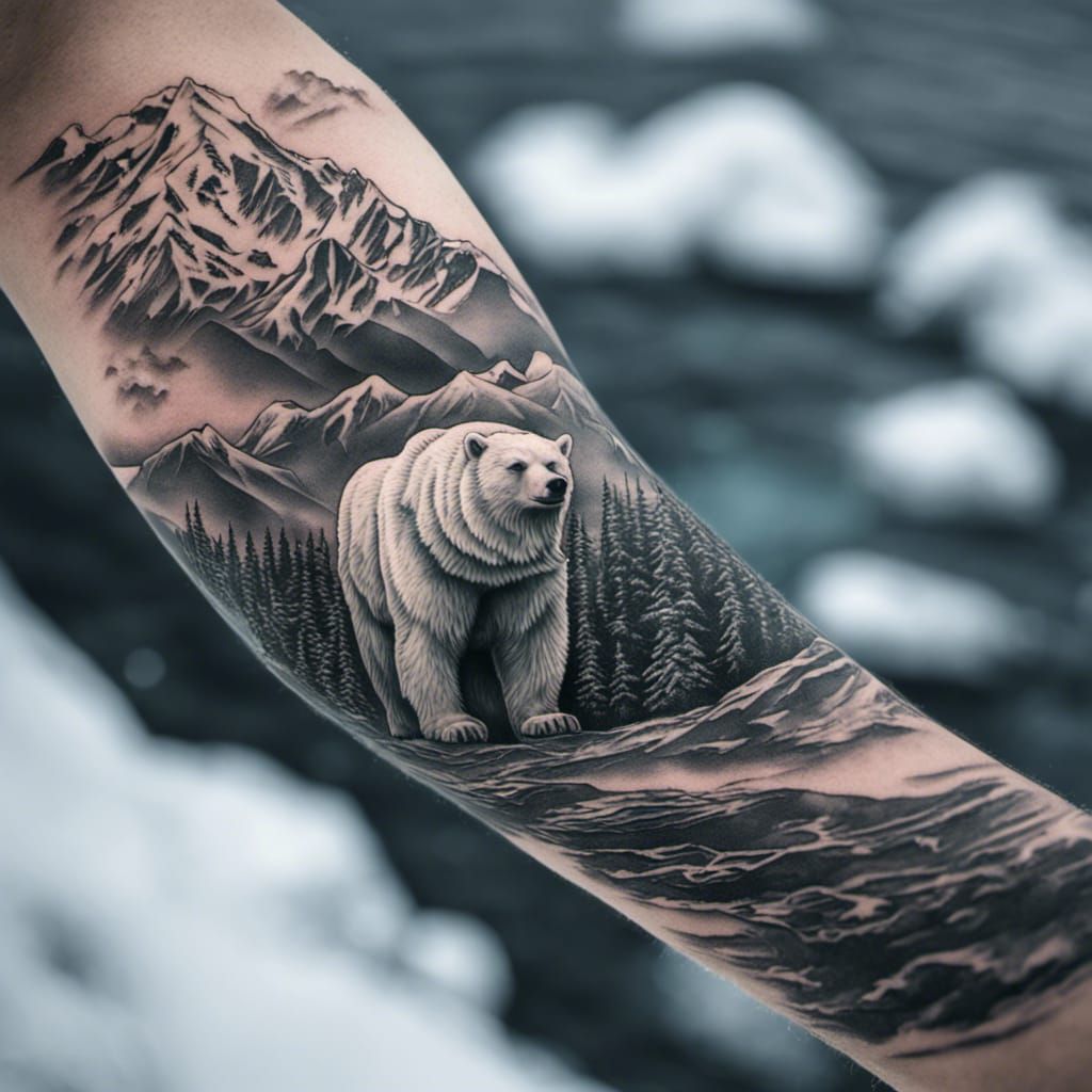 Tattoo on forearm of alaskan mountains, snow, polar bear and eagles near watter