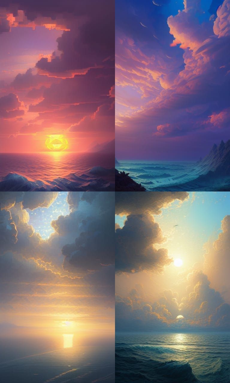 Pixilated Sunset Over Geometric Sea: Digital Art