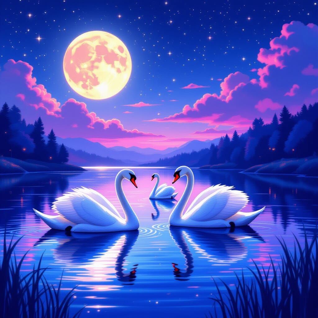 Serene Lunar Lake with Swans in Ethereal Style