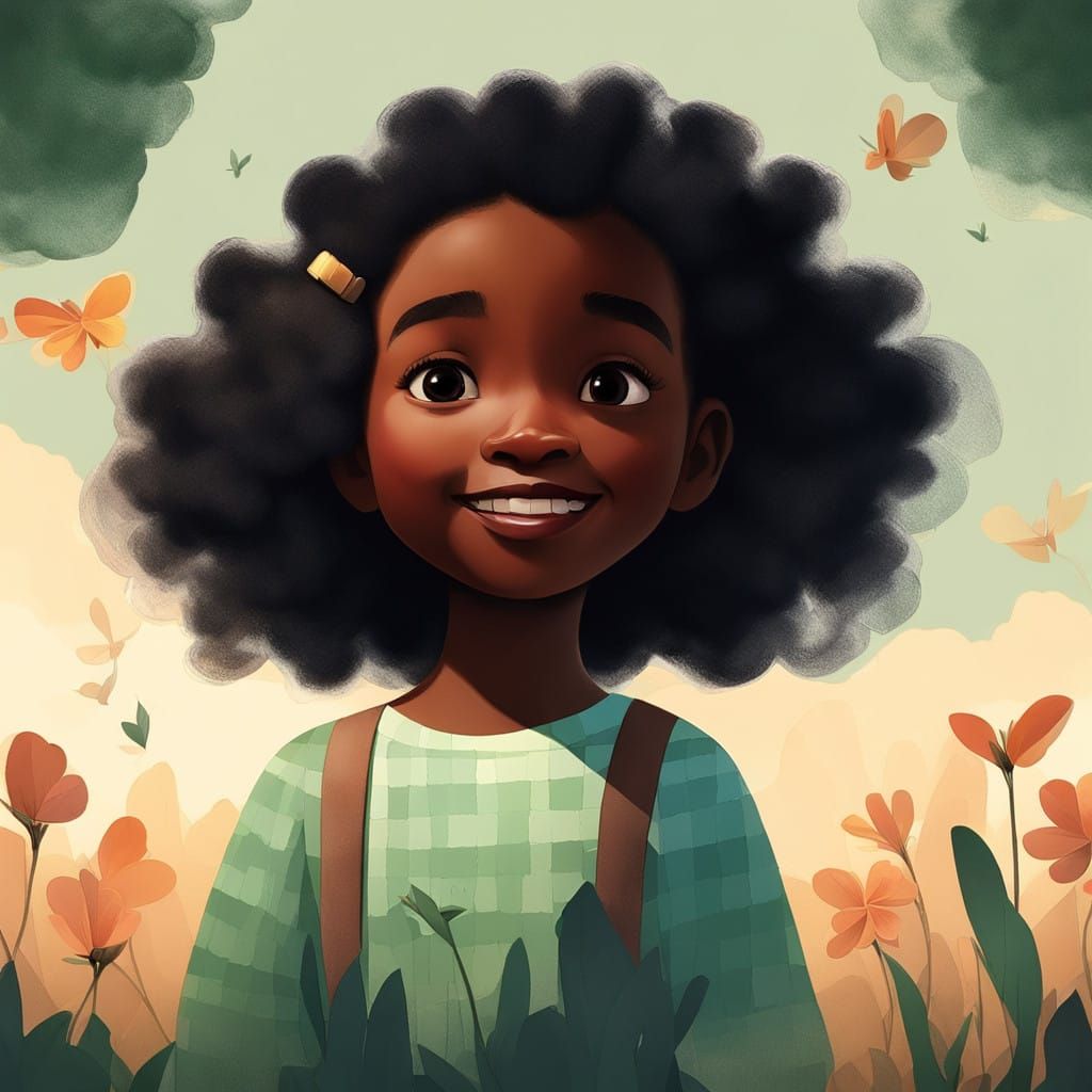 Little Girl Peers Out from Whimsical Window Scene in Vibrant...