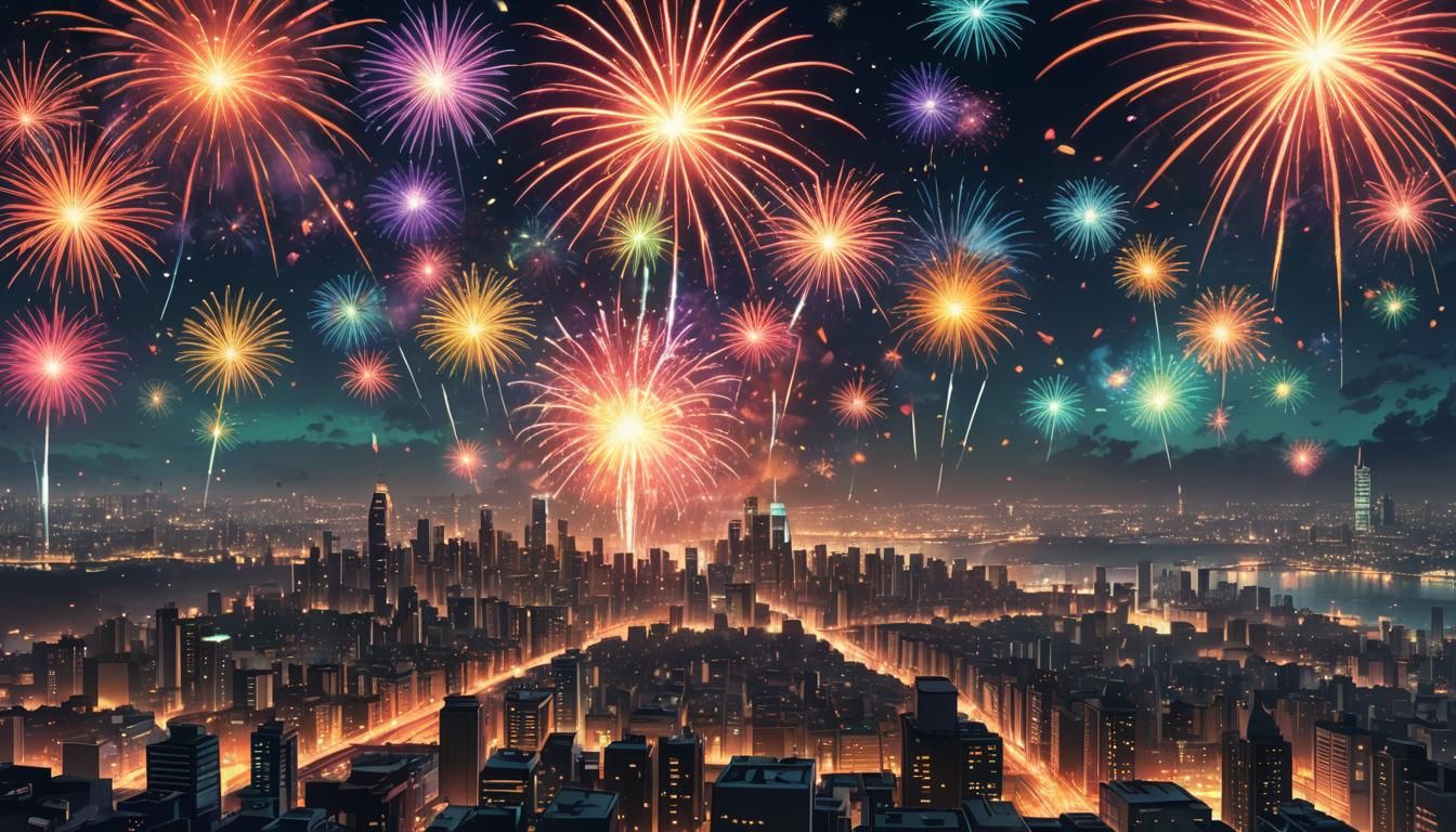 Explosive Anime Fireworks Over Cityscape