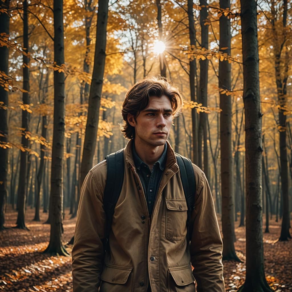 Sad Young Man Walks in Autumn Forest