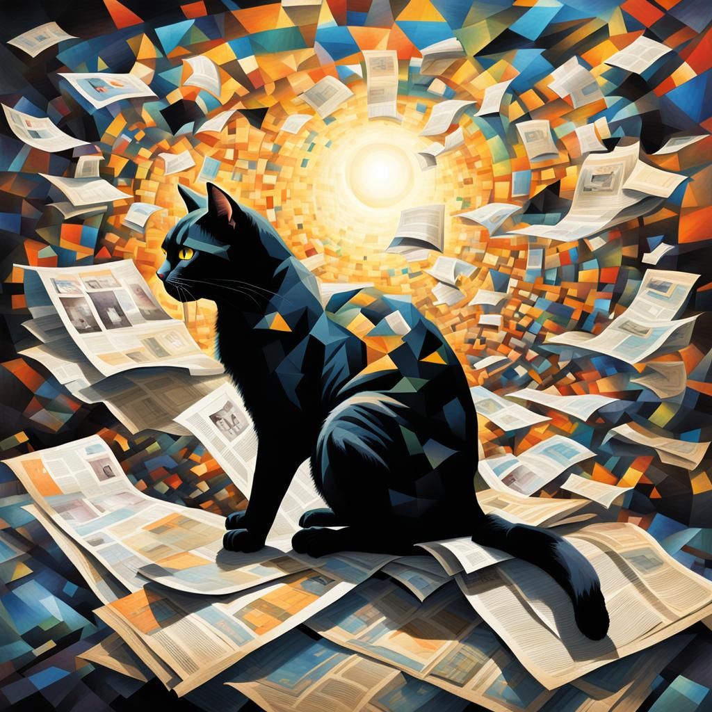 Surreal Cubist Black Cat Reading Newspaper