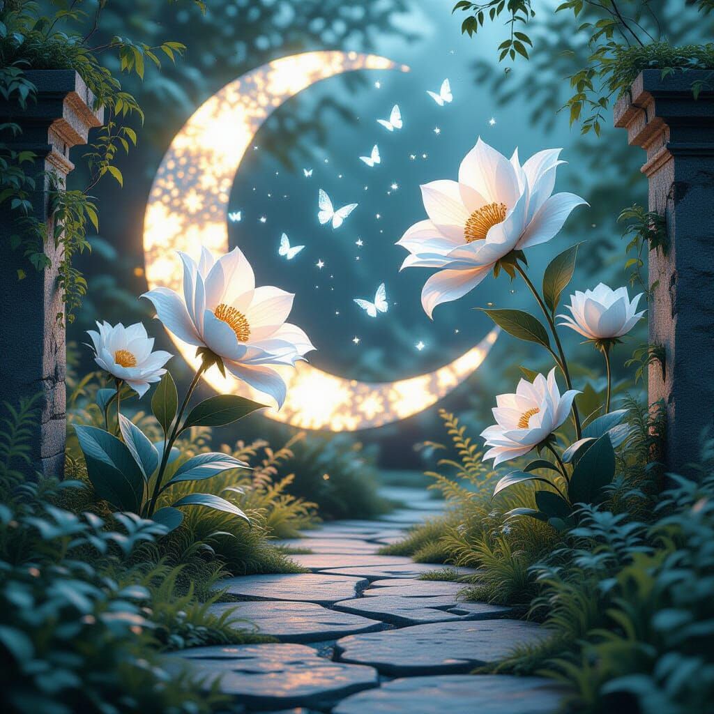 Moonlit Floral Sculptures in Overgrown Garden with Starlight...
