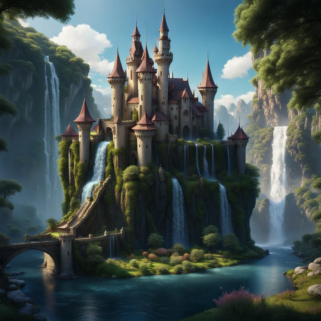 Fantasy Castle with Waterfall and Gardens
