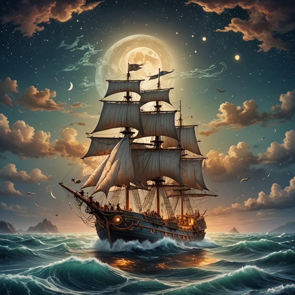 Whimsical Sailing Ship in Folk Art Style