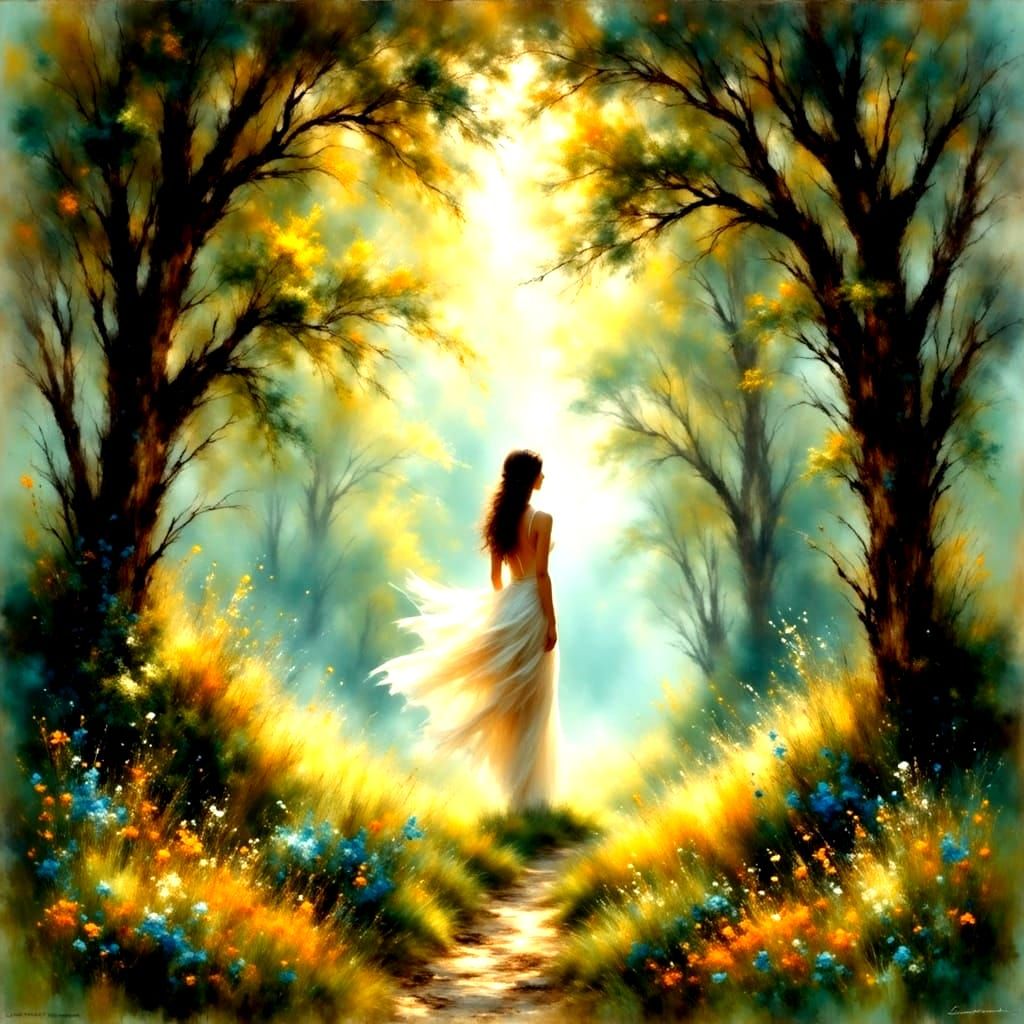 Ethereal Nymph in Serene Forest Landscape