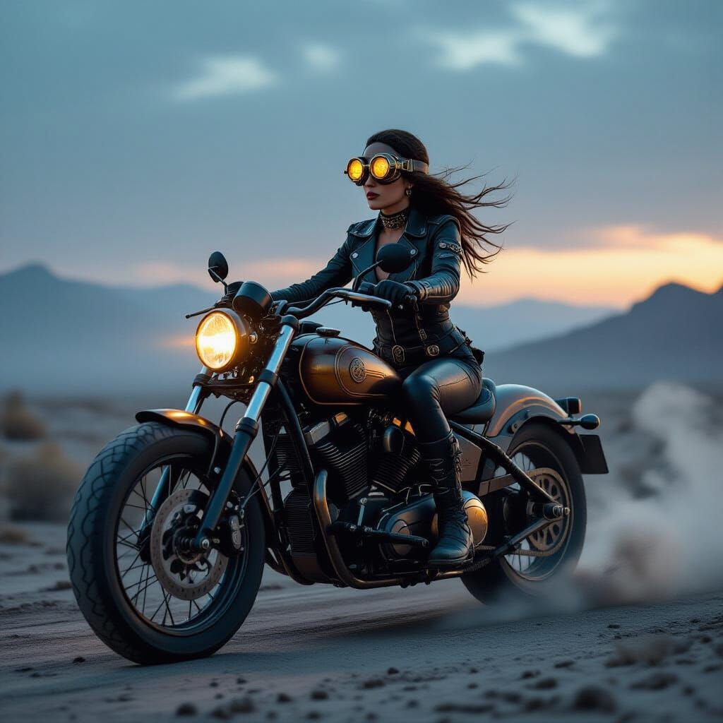 Steampunk Biker Woman in Foggy Desert Landscape