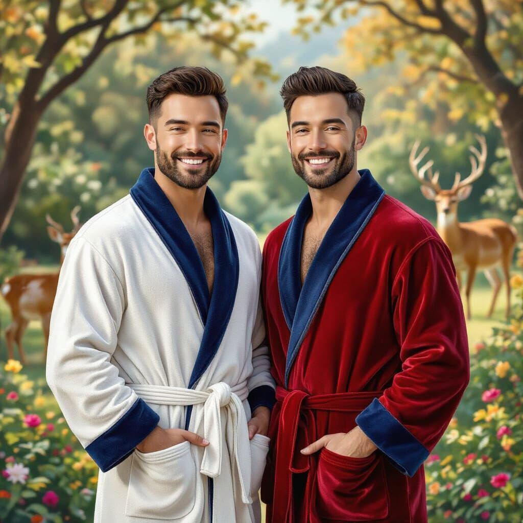Two Men in Red Robes Amidst Deer in Garden