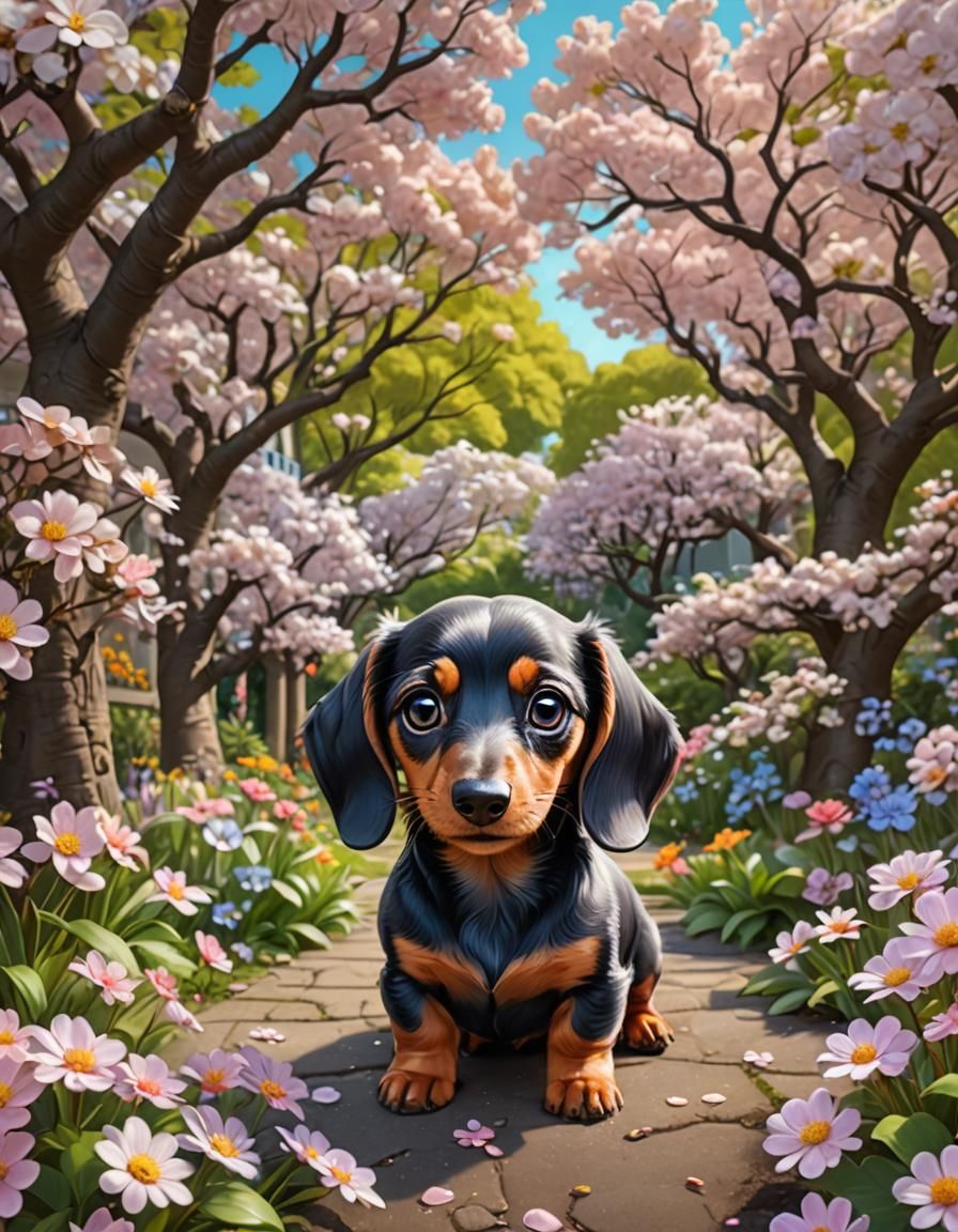 Chibi Dachshund in a Pastel Garden: Digital Painting