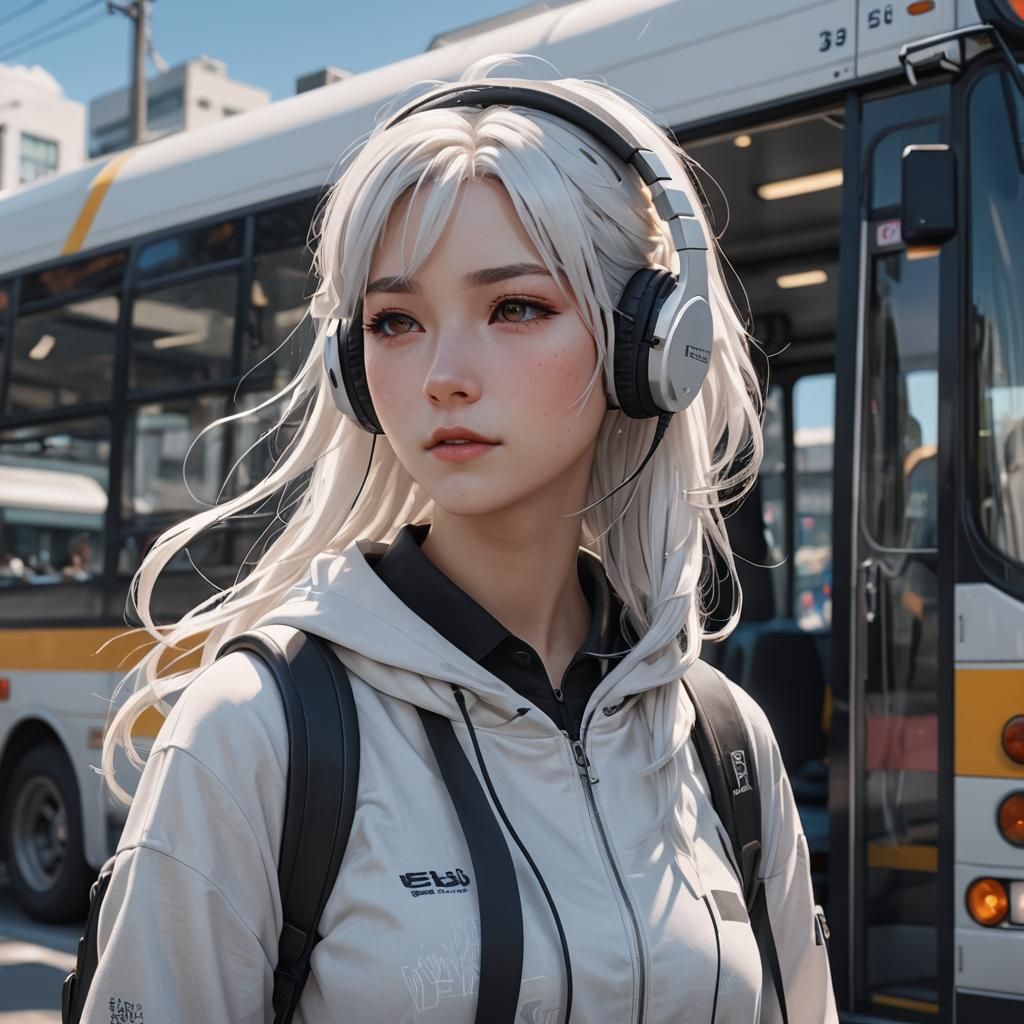 A girl standing by a bus