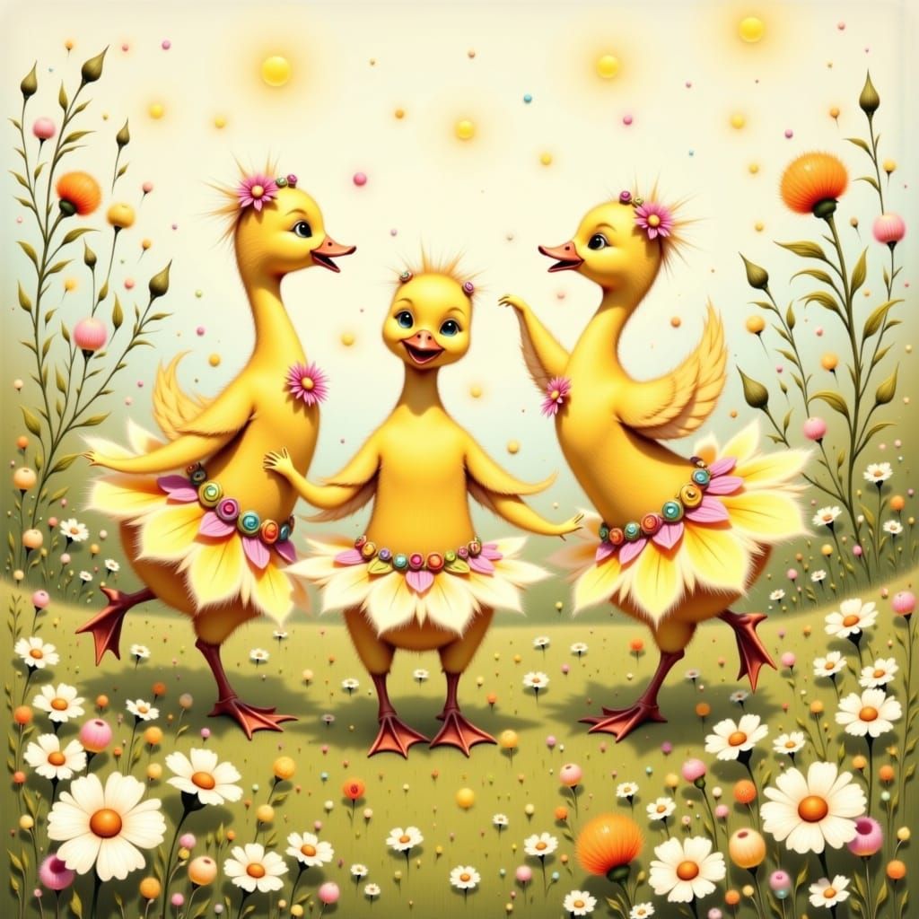 Dancing Ducklings in Storybook Illustration Style