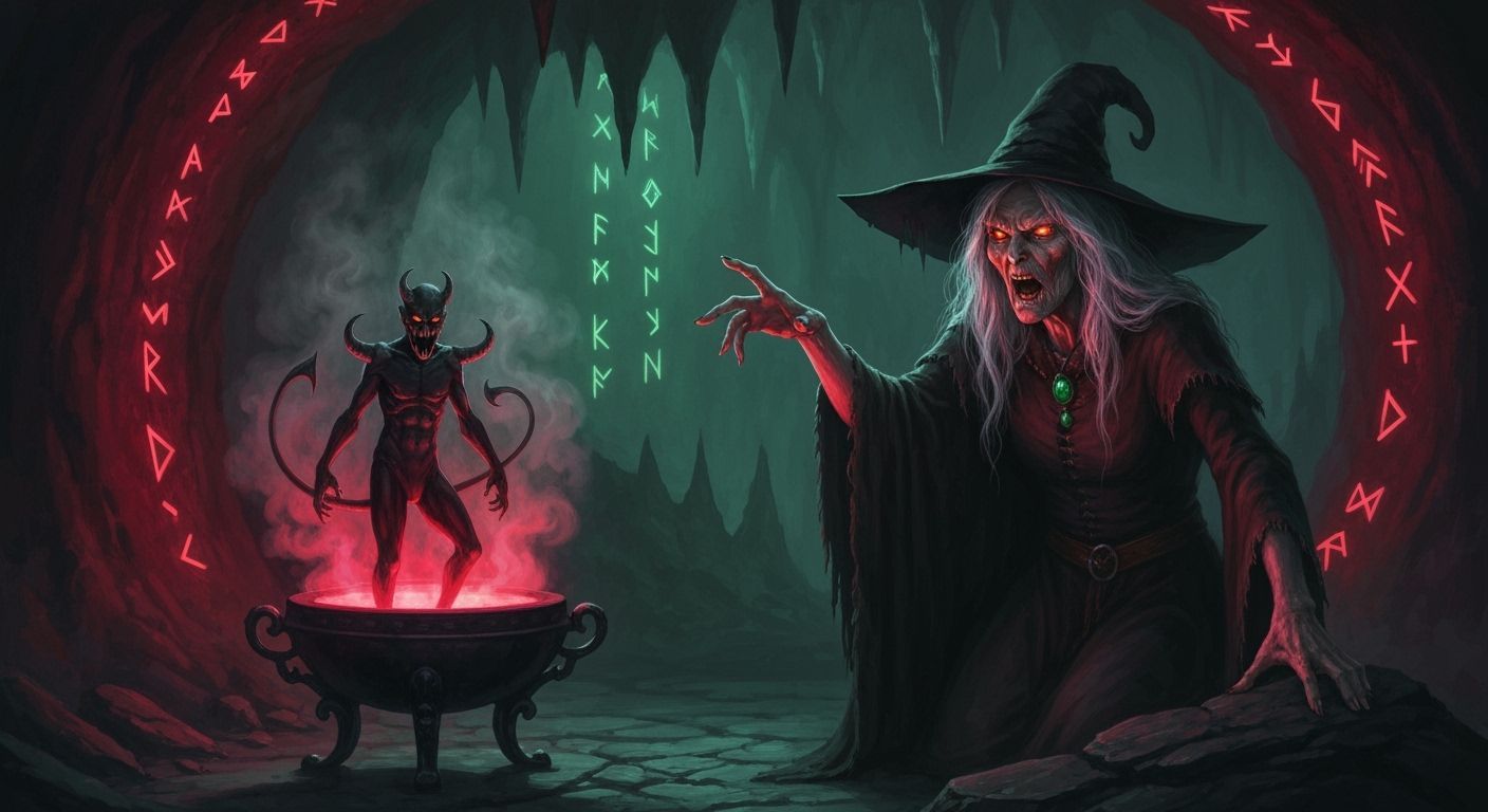 Witch Conjures Demon in Dimly Lit Cave