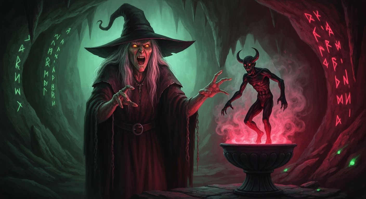 Old Witch Conjures Demon in Dim Cave