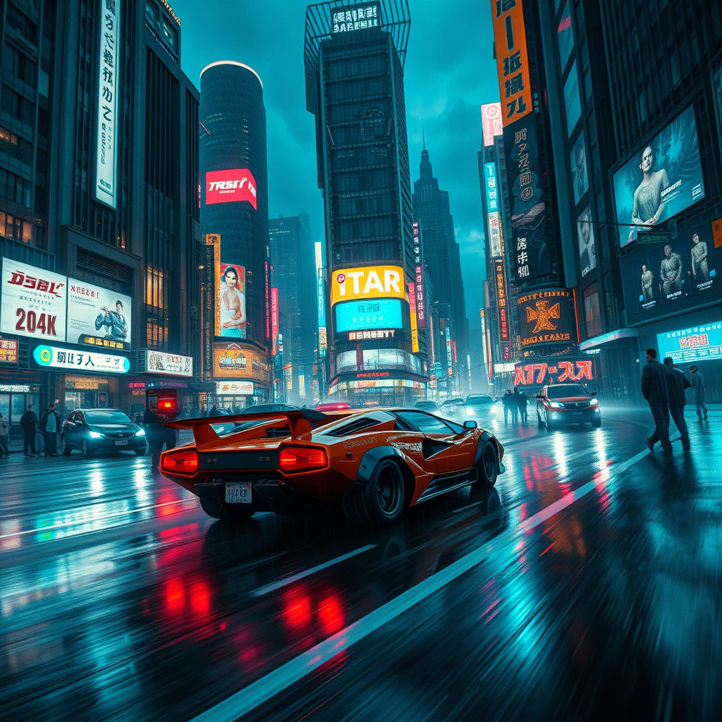 Cyberpunk Metropolis: Lamborghini in Neon-Lit Cityscape