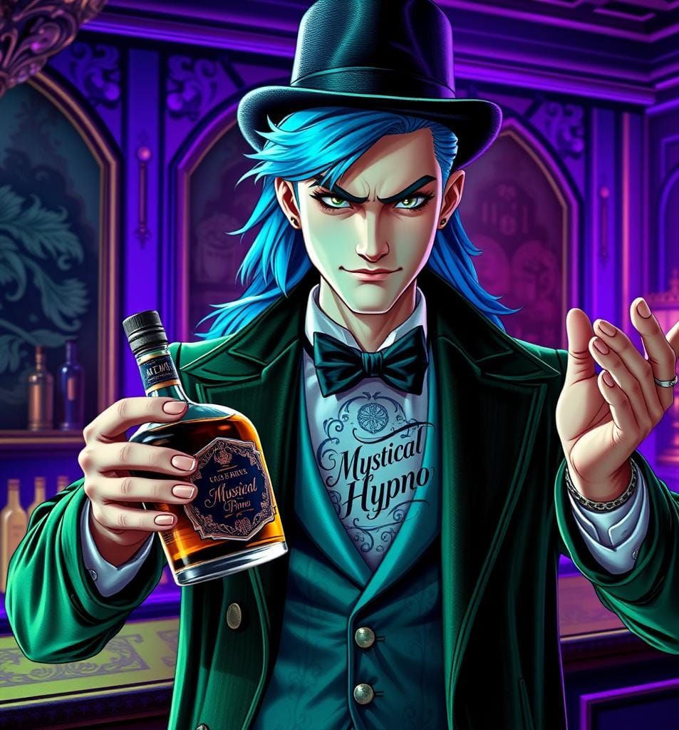 Charming Man in Silk Suit Holding Mystical Hypno Bottle