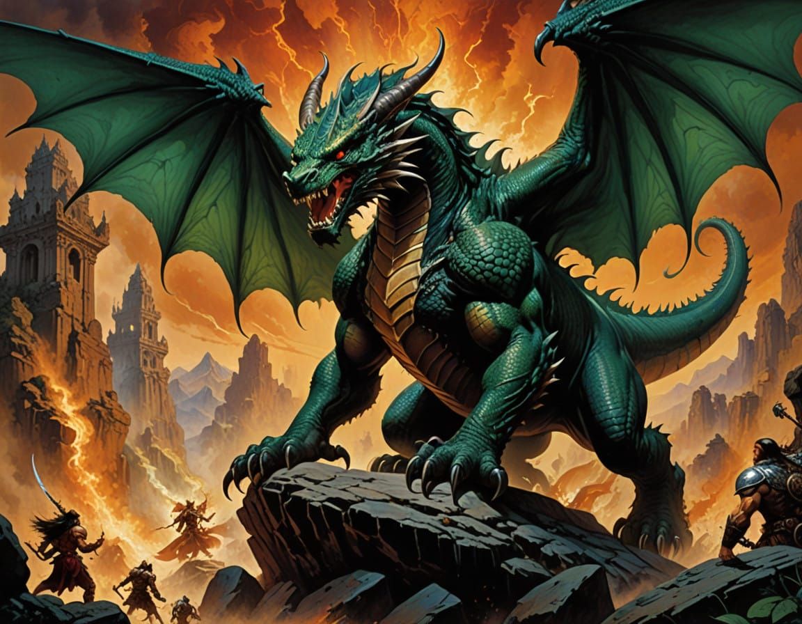 Epic Fantasy Dragons in a Fiery Battle Amidst Ancient Ruins