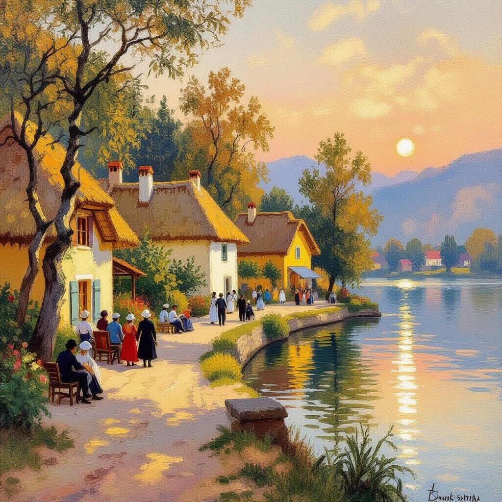 Golden Lakeside Town in Impressionist Watercolor Style