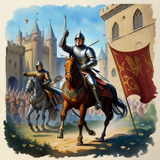 Medieval Knights Battle in Castle Courtyard, Watercolor Styl...